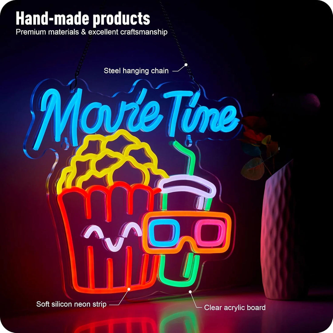 Movie Time Neon Sign Popcorn Cinema LED Neon Light for Wall Decor Dimmable Neon for Film Cinema Room Party Man Cave