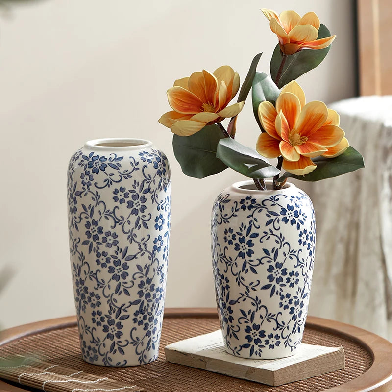 Blue White Porcelain Vase Ceramic Floral Vase for Home Decor Vintage Oriental Table Centerpiece Flower Arrangement Vases Gift