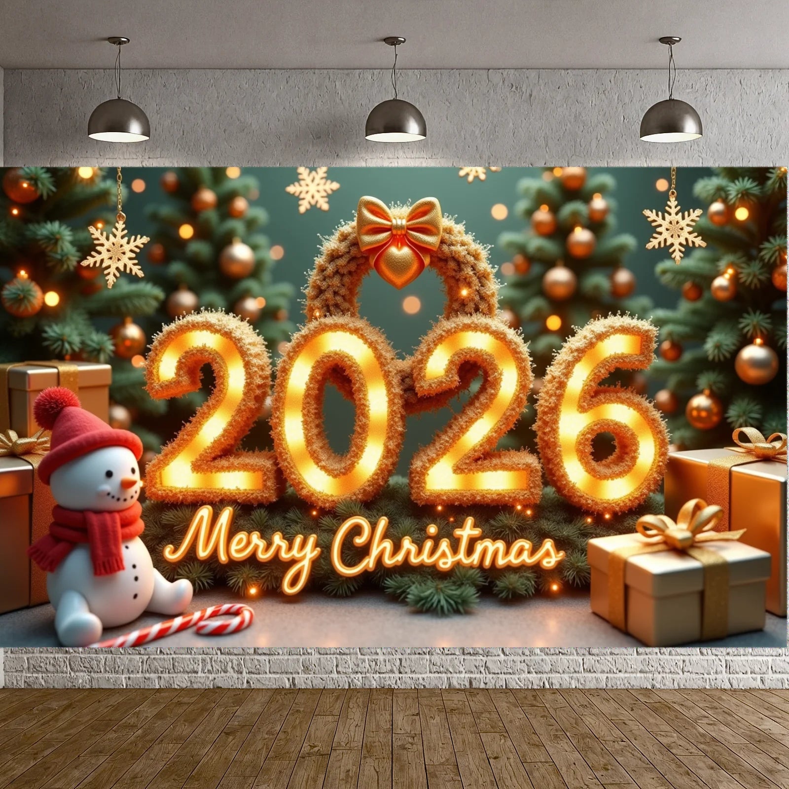 2026 New Year Banner Merry Christmas Banner Holiday Decoration Gold Light Up for Christmas Party Celebration Indoor Decor