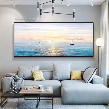 100% Hand Painted Abstract Sailboat Sunset Canvas Art Nautical Seascape Oil Painting Coastal Wall Decor For Beach Ocean Lovers