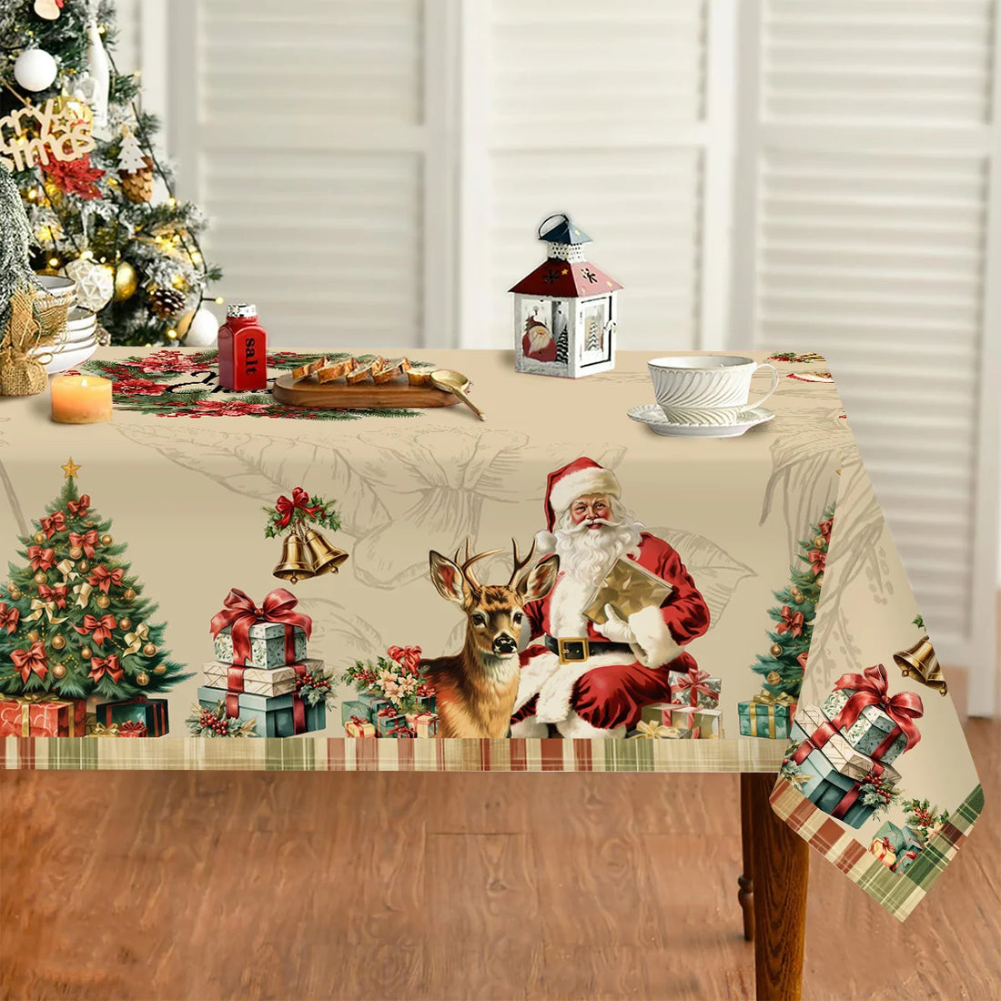 Vintage Christmas Tablecloth Rustic Santa Claus Wreath Table Cover Christmas Decorations for Home 2025 Gifts Navidad New Year