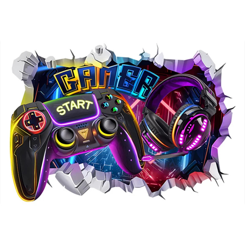 3D Broken Wall Hole Art Gamer Gamepad Vinyl Mural Stickers for Home Kids Room Boy Bedroom Play Zone Decoration Video Game Poster