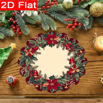 VIKAMA 8PC Christmas Placemat Holly Leaf Magenta Bell Pattern Home Dining Table Desktop Decoration And Accessories