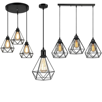 JOYINLED Vintage Industrial Cluster 3-Head Chandelier Rectangular Ceiling Metal Cage Pendant Light E27 Light Fixture for Hallway