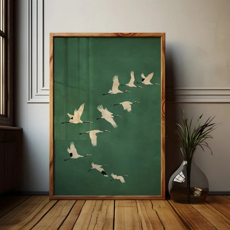 Emerald Green Cranes Poster Gold Accents Japanese Large Bird Artwork Canvas Painting Wall Art for Living Room Home Decor Gift