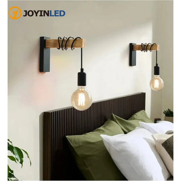 JOYINLED Retro Wood LED Wall Lamp E27 220V Industrial Pendant Light Live Room Bedside Lamp Decor for Bathroom Restaurant