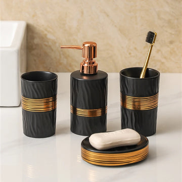 4 Pcs Black Light Luxury Style Bathroom Wash Accessories, Soap Dispenser, Mouthwash Cup, Toothbrush Holder, and Soap Dish