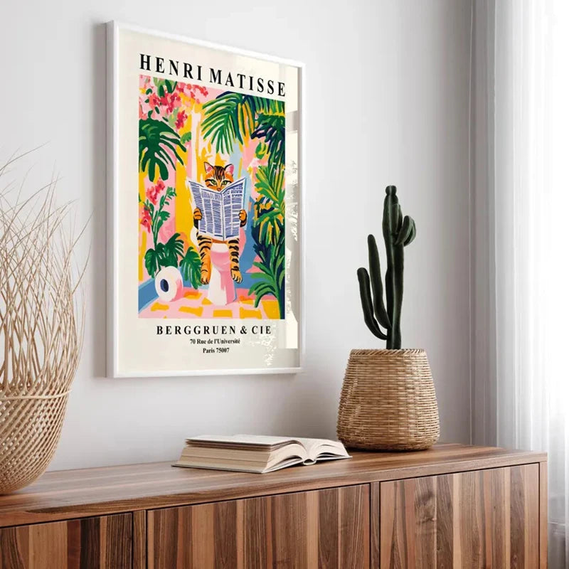 Tabby Cat on A Toilet Poster Funny Bathroom Wall Art Matisse Print Mid Century Modern Canvas Painting Pink Dopamine Home Decor