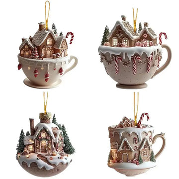 Coffee Cup Ornaments For Christmas Tree 2D Acrylic Christmas Snow Houses Chocolate Mug Pendant Christmas Tree & Car Decor