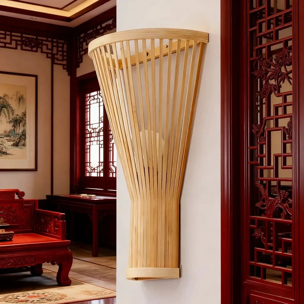 JOYINLED Japanese Style Bamboo Wall Lamp E27 Woven Lamp Shade Bamboo Bedroom Bedside Light Wall Sconce Wall Lighting 25x40CM