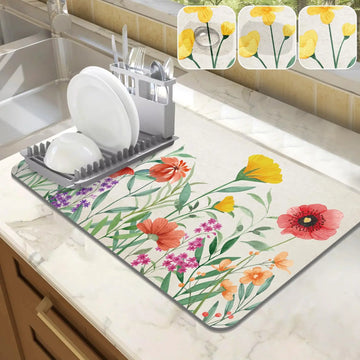 Spring Floral Dish Drainer Rack Mat Dish Drying Mat Kitchen Counter Absorbent Coffee Bar Mat Coffee Maker Dining Room Decoration