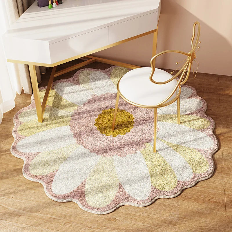 VIKAMA Small Fresh Simple Flowers Round  Imitation Cashmere Bedroom Non-Slip Carpet