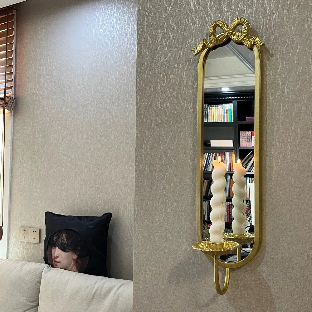 Wall Mounted Bow Mirror Candle Holder Vintage Wrought Iron Wall Decor Candlestick Shooting Props Home Fragrance Decoration Gifts