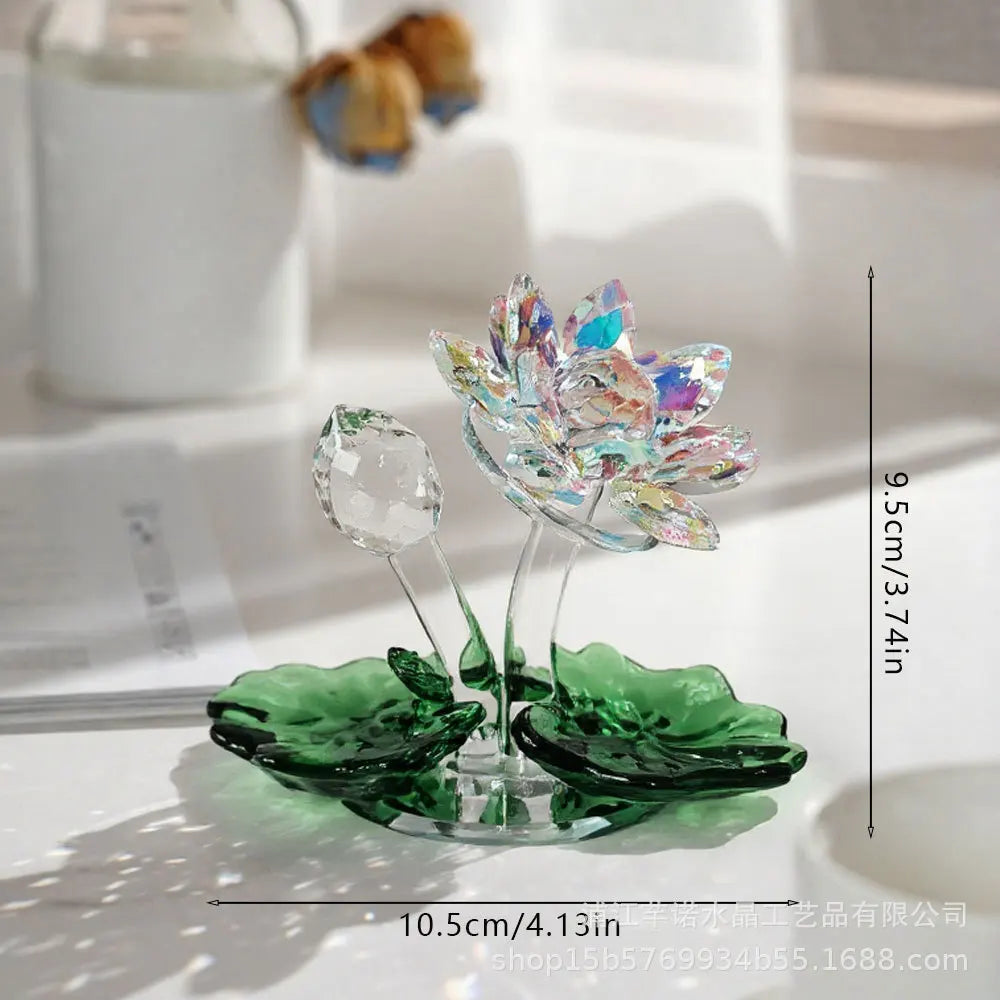 Creative Crystal Lotus Home Decor FengShui Lucky Crystal Flower Ornament with Green Leaf Elegant Tabletop Decor for Wedding Gift