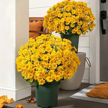 5 Bundles of Realistic Artificial Chrysanthemums - Vibrant Orange-Red and Yellow Autumn Flowers with Lush Greenery, Weather-Resistant Plastic Chrysanthemums, Realistic Flowers and Faux Leaves, Suitable for Indoor/Outdoor Year
