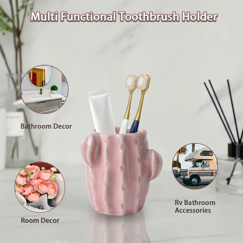 Cute Ceramic Cactus Toothbrush Holder Toothbrushes and Small Toiletries Organizer Multi Purpose Storage Rack Bathroom Accessorie