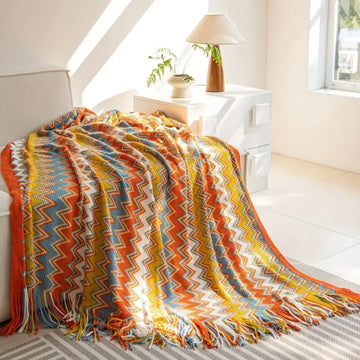 Bohemian Boho Throw Blankets, Knitted with Tassel, Outdoor Reversible Soft Cozy Lightweight Throw Blankets, Couch Bed Sofa Decor
