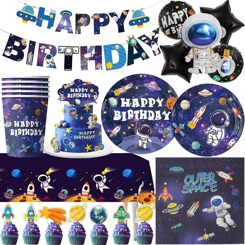 Space Astronaut Birthday Decoration Tableware Set Cups Plates Napkins Balloons Gift Bags Glasses Papa Circle Kids Party Supplies