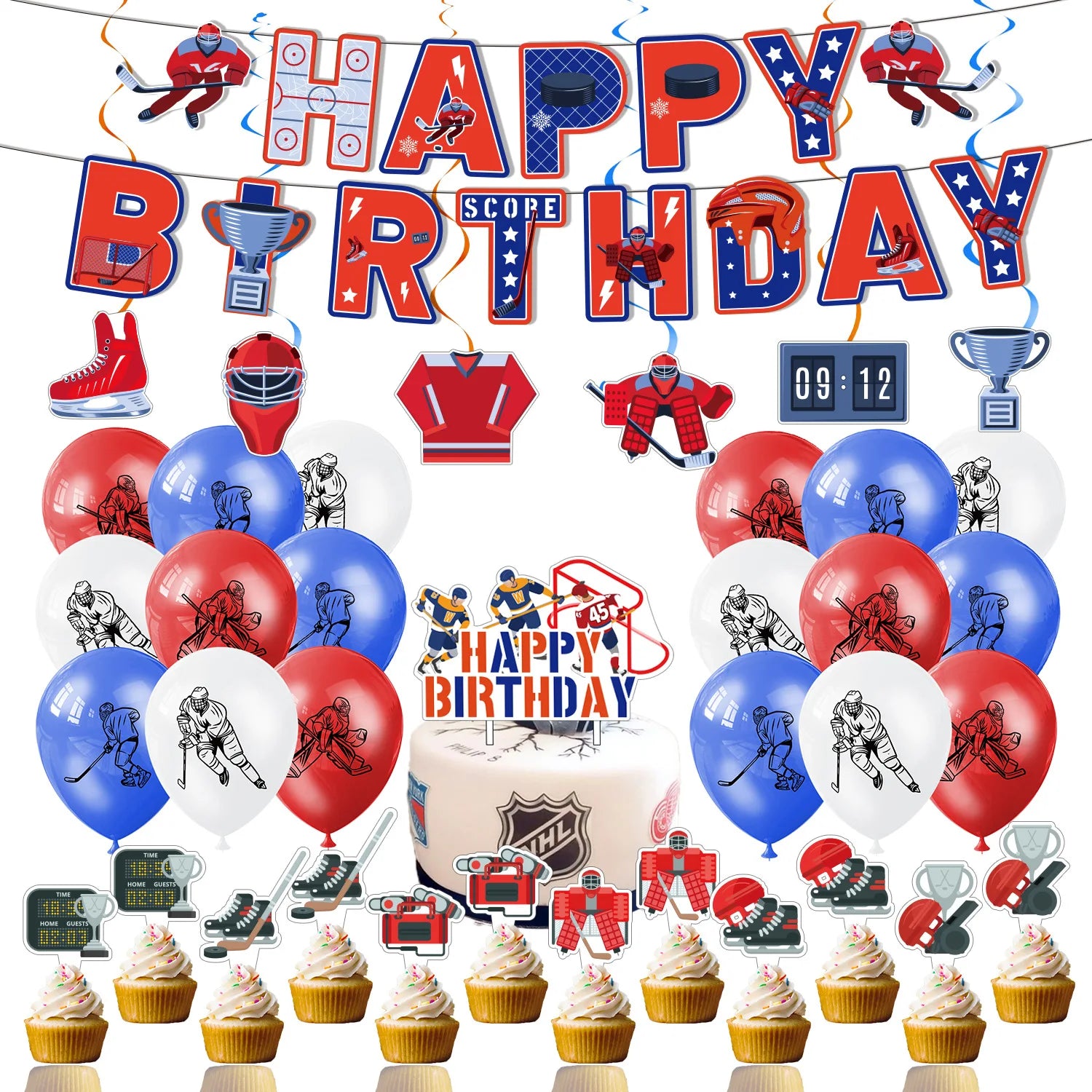 Hockey Themed Birthday Party Decorations Balloons Set Happy Birthday Banner Cake Topper Sports Theme ice hockey Party Supplies