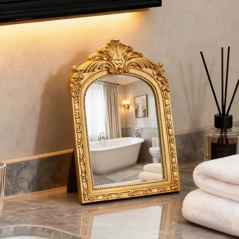Arched Carved Decorative Mirror Vintage Wall Mounted Mirror for Home Bedroom Living Room Entryway Bathroom Vanity Art Decor