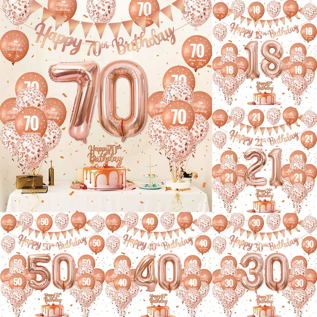 1Set Rose Gold Birthday Decoration Birthday Balloons Birthday Banner 18 21 30 40 60 70th Happy Birthday Party Decor Supplies