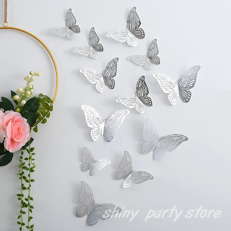 NEW 12Pcs 3D Hollow Butterfly Wall Sticker Home Decoration Kids Room Party Wedding Decor Rose Gold Butterfly Fridge DIY Stickers
