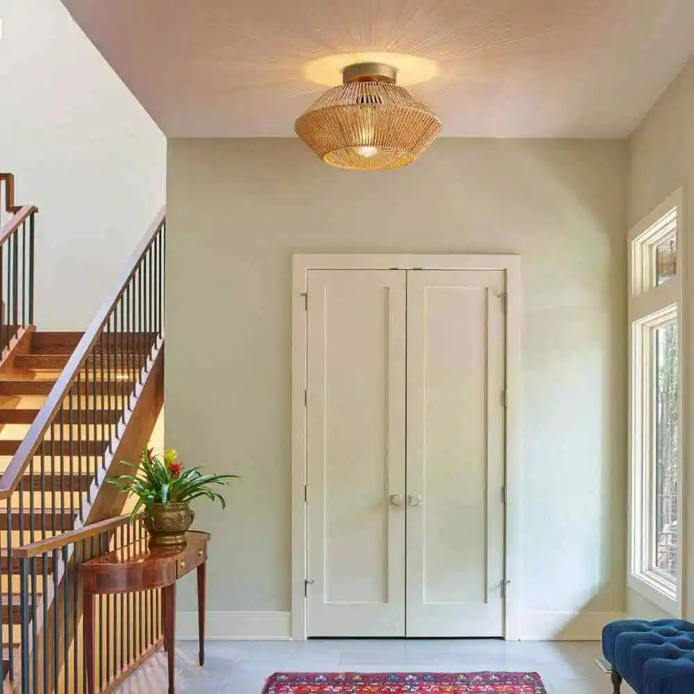 Chinese Modern LED Ceiling Light – Handwoven Rattan & Hemp Shade with Natural Fiber Craftsmanship for Living Rooms & Tea Spaces