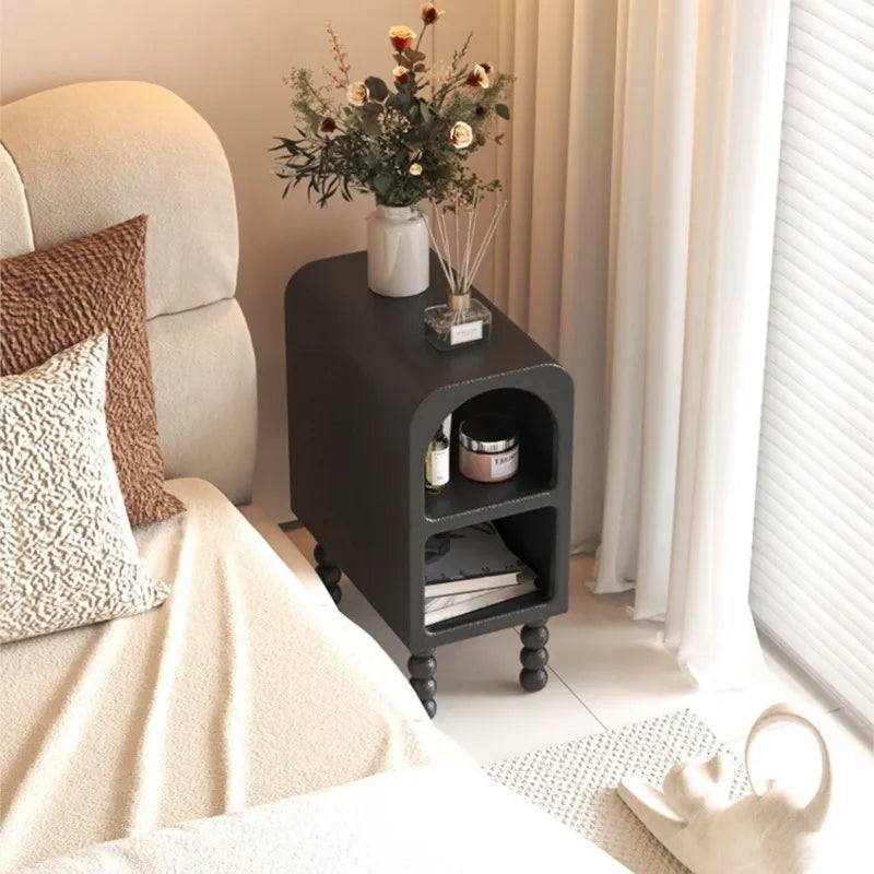 Cream Style Narrow Nightstand Ultra Thin Side Table for Small Spaces Bedroom Sofa End Table Slim Couch Shelf with Storage