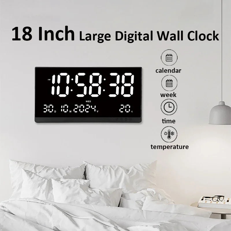 21 Inch Large Digital Wall Clock USB Powered Time Calendar 12/24H Time/Day/Month/Year/Temp Display Electronic LED Alarm Clock