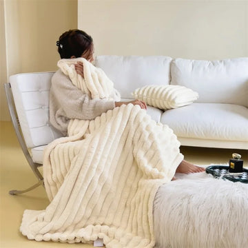 2025 New Rabbit Plush Blanket Draw Stripe Thickened Flannel Blanket Shawl Coral Fleece Sofa Blanket, without Pillowcase