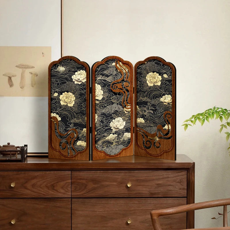 Tabletop screen painting antique living room folding edge cabinet decoration decoration Creative peony gift gift