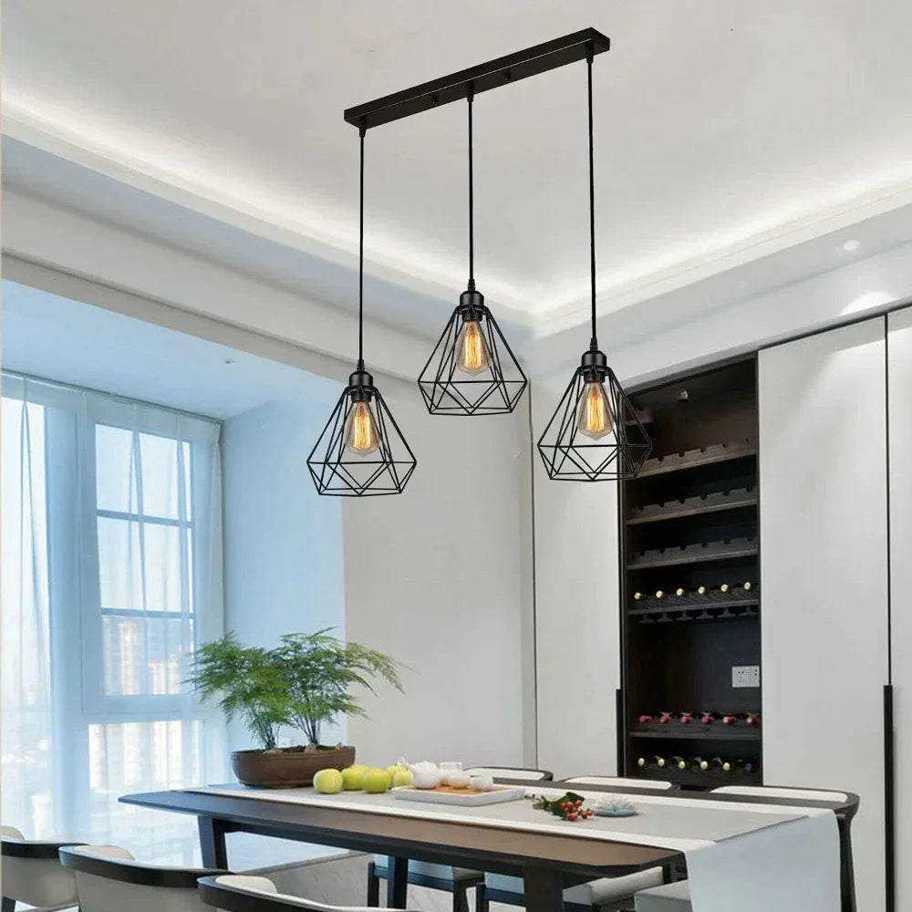 JOYINLED Vintage Industrial Cluster 3-Head Chandelier Rectangular Ceiling Metal Cage Pendant Light E27 Light Fixture for Hallway