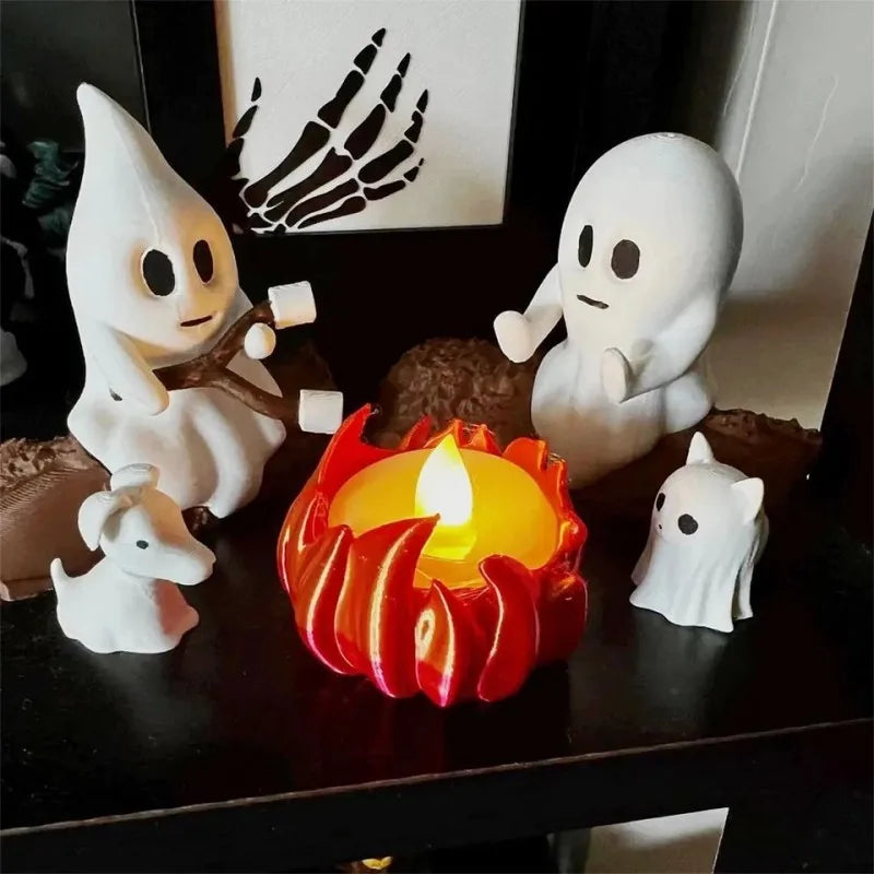 Cute Ghost Figurine Set Halloween Ghost Bonfire Party Resin Statue Ornaments Home Holiday Party Decoration
