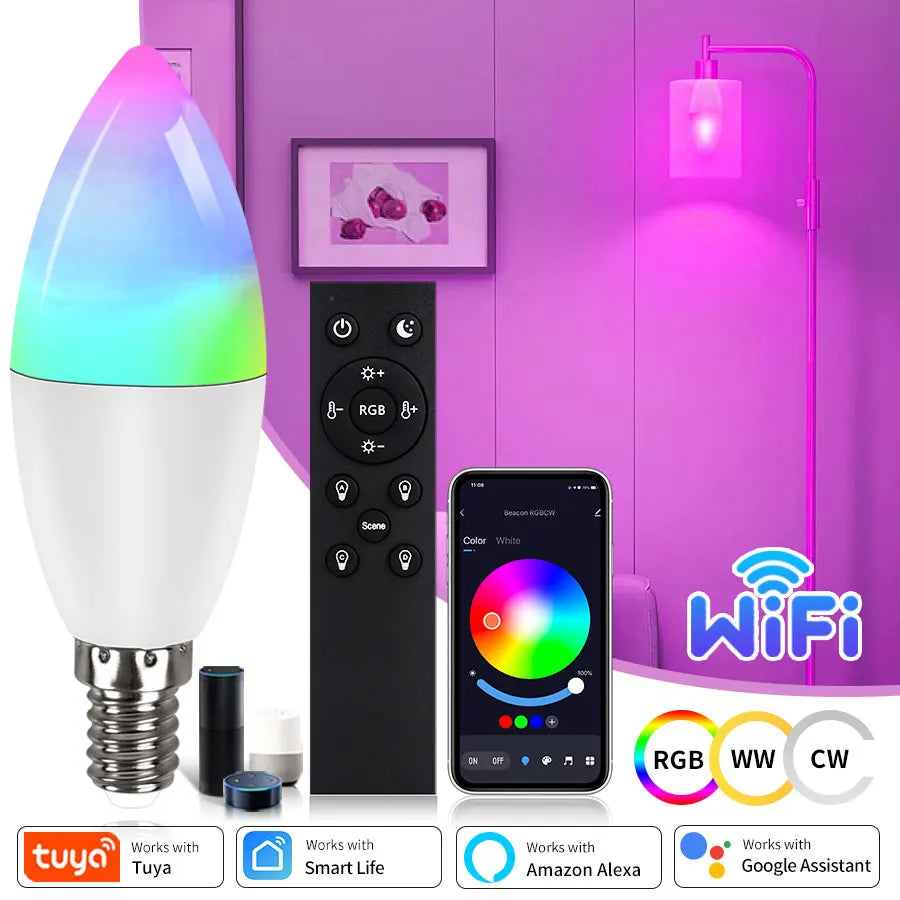 Wifi E14 Led Bulbs 220V Candle Light Tuya Smart Life Spotlight RGB Lamp with RF 2.4G Remote Group Voice Control Alexa Google