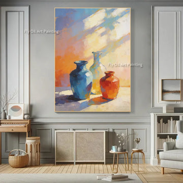 Handmade Orange Yellow Artwork New Popular Blue Flower Vase Wall Art On Canvas Large Light Pink  Oil Painting For Home Decor