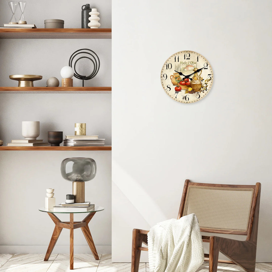 Vintage Provence Olive Oil and Tomato Pattern Wooden Wall Clock Living Room Bedroom Kitchen Home Decor Silent Quartz Clock Holiday Gift 10-Inch 12-Inch 14inch 16inch (No Battery)
