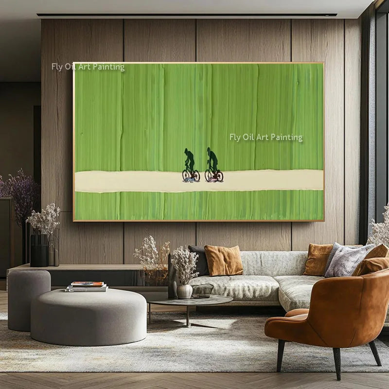 Hand Made Green Beige Land People Riding Bike Canvas Thick Wall Art Decor For Home Abstract Green White Golf Course Oil Painting