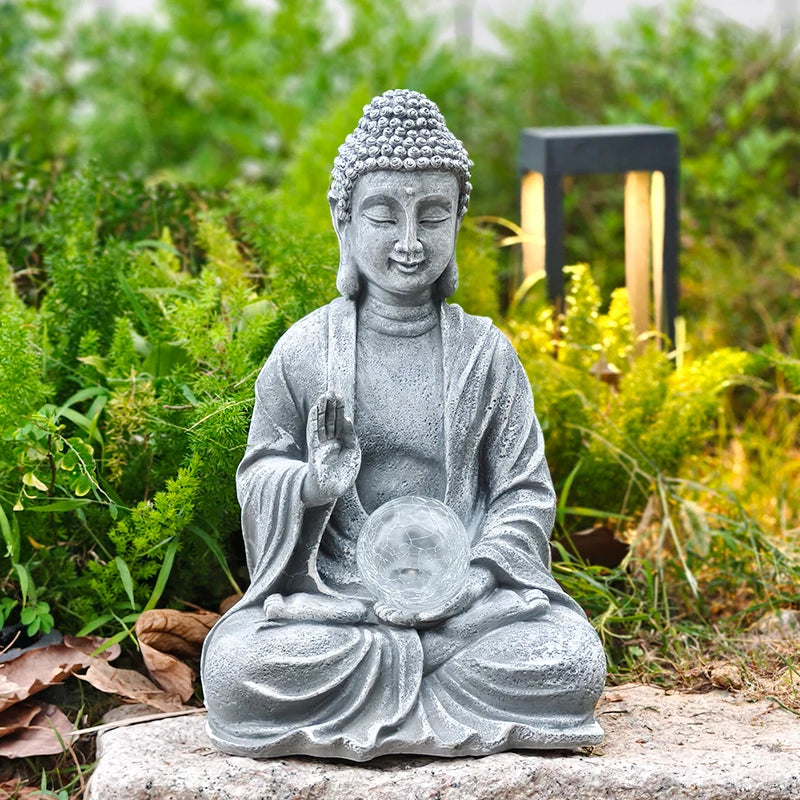 Buddha Statue with Solar-Powered Lamp Chinese-Style Resin Buddha Ornament Garden Yard Decorative Sculpture Lamp Buddhist Gift