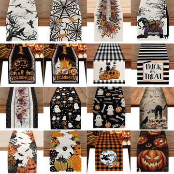 Linen Halloween Table Runner Pumpkin Spider Web Skull Dining Table Decoration Scary Table Cover For Halloween Dinner Party Decor