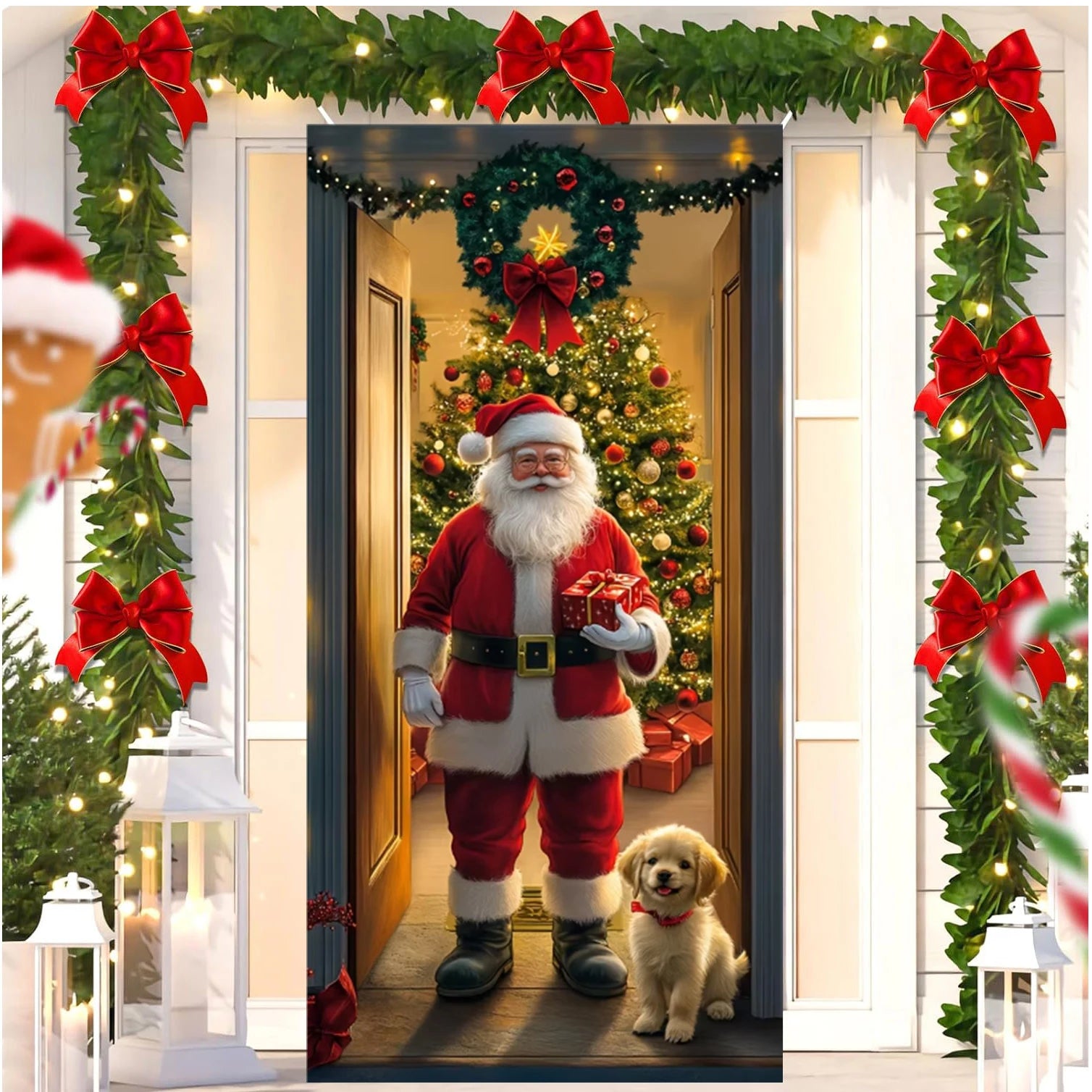 Cute Animals Theme New Year Christmas Decoration Dog Cat Snowman Gingerbread Man Door Cover Holiday Outdoor Winter Prop Gift