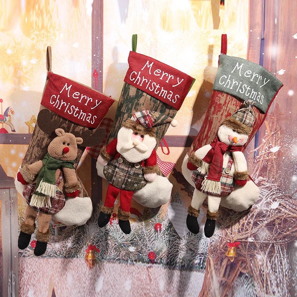 Christmas Stockings Large Santa Snowman Reindeer Set - Festive Hanging Decor, Gift Bags for Candy