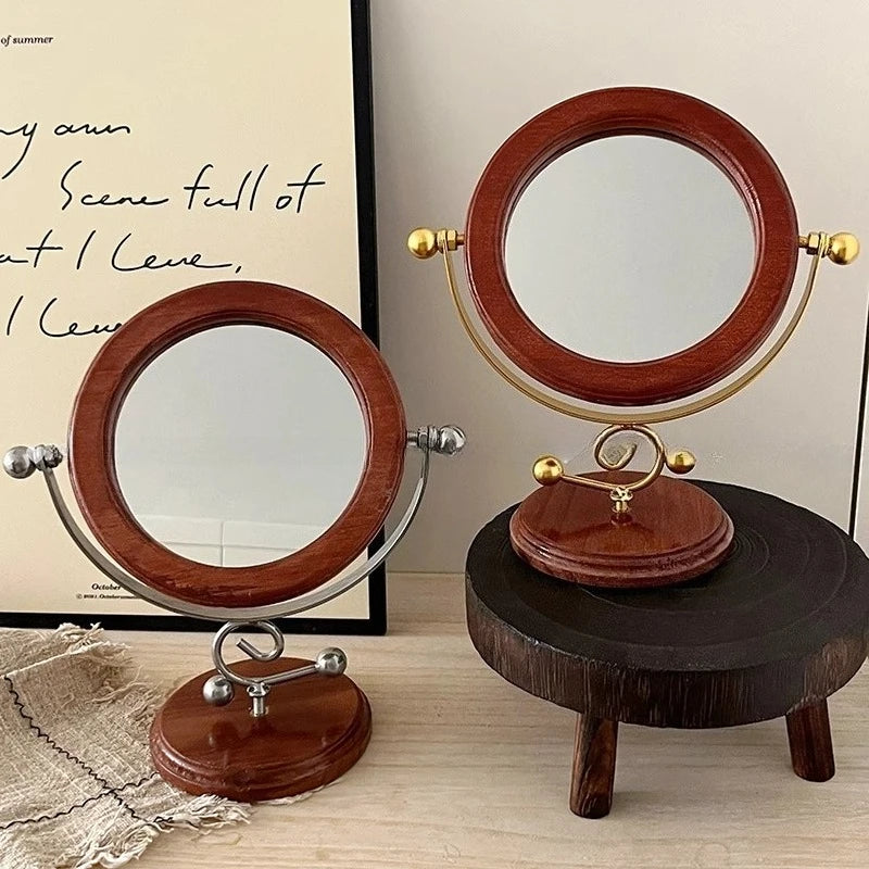 Makeup Mirror Desktop Retro Solid Wood Decoration Ornament Dormitory Desk Desktop Vanity Mirror Rotating Round Mirror