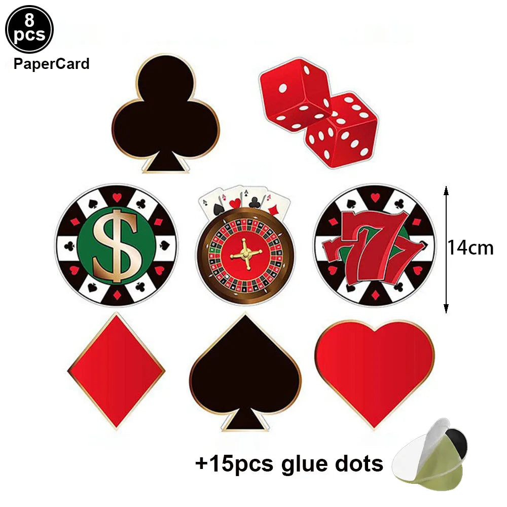 8pcs Casino Party Decorations Cut-Outs Sticker With Glue Point Las Vegas Casino Themed Poker Birthday Party Supplies Favors