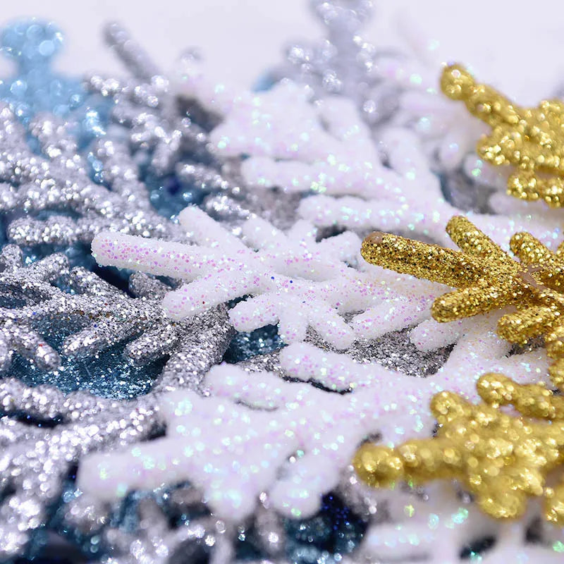 6pcs 10cm Plastic Gold Silver Glitter Powder Snowflake Xmas Ornaments Pendant Christmas Tree Decorative Hanging Snowflake