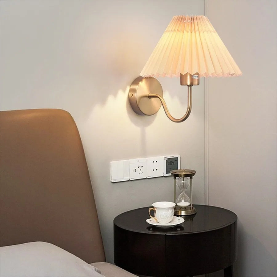 Nordic E27 Retro Wall Lamp Minimalist Pleated Umbrella Shaped Bedroom Bedside Lamp Living Room Hotel Aisle Home Decoration Light
