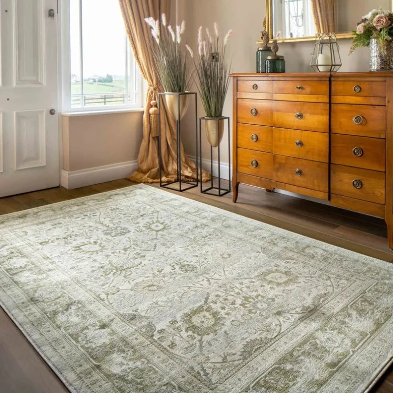 Green Traditional Oriental Large Area Rugs Living Room Carpet Sage Grey Bordered Floral Mat Bedroom Hallway Runner Non-Slip Rug