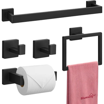 5-Pieces Matte Black Bathroom Hardware Accessories Set Stainless Steel Bath Towel Bar Set Robe Hooks Paper Holder for Bathroom