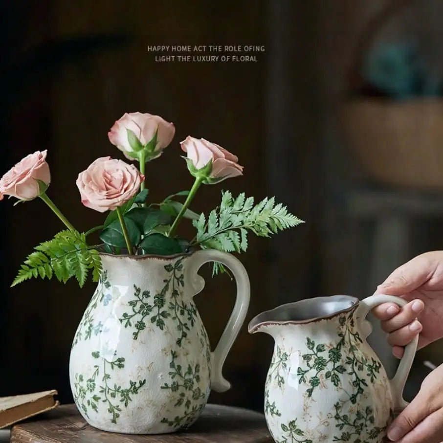 Rural Ice Cracked Milk Pot Ceramic Vase Pastoral Feng Shui Flower Arrangement Decoration Retro Creative Hand-Held
