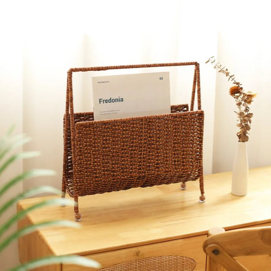 Rattan Magazine Holder Woven Newspaper Storage Rack Living Room Corner Bookshelf Organizer Creative Book Stand Storage Basket