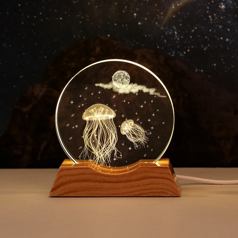 8cm LED Hologram Glass Lamp with Solid Wood Base USB Powered Crystal Ball Lamp for Home Decor Display Gift Warmlight Desk Lamp